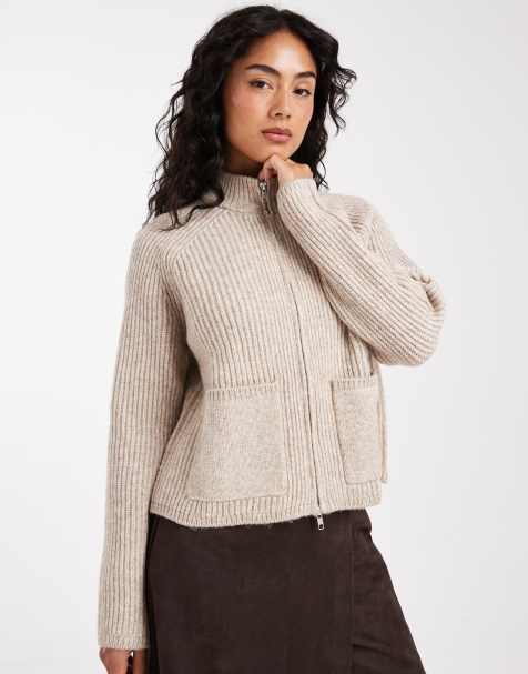 ASOS DESIGN knit fisherman ribbed bomber jacket with pocket detail in oatmeal - view 1