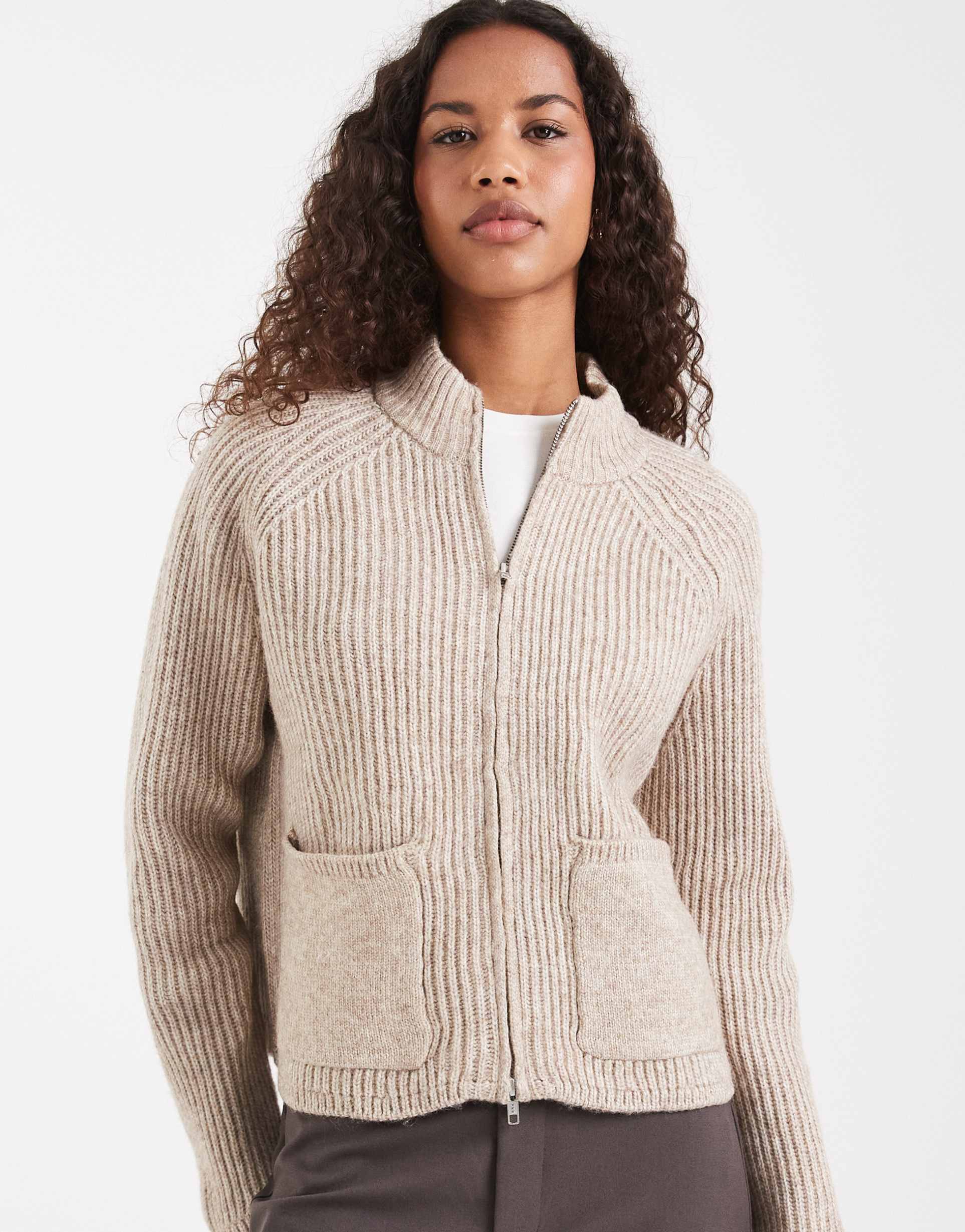 asos design knit fisherman ribbed bomber jacket with pocket detail in oatmeal
