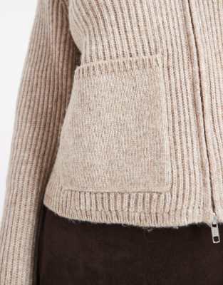 Asos Design Knit Fisherman Ribbed Bomber Jacket With Pocket Detail In Neutral