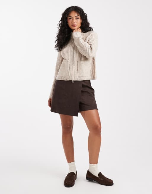 ASOS DESIGN knit fisherman ribbed bomber jacket with pocket detail in oatmeal
