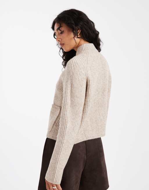 ASOS DESIGN knit fisherman ribbed bomber jacket with pocket detail in oatmeal