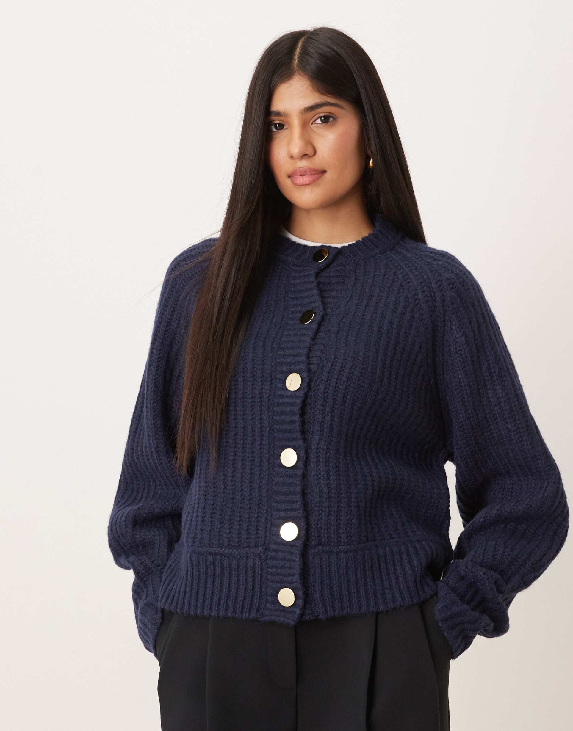 asos design knit fisherman ribbed cardigan with raglan detail in navy