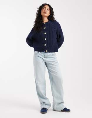 Asos Design Knit Fisherman Ribbed Cardigan With Raglan Detail In Blue