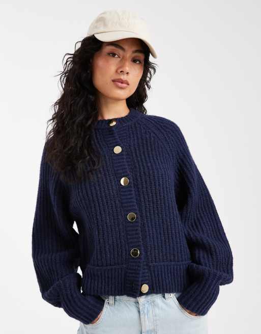 ASOS DESIGN knit fisherman ribbed cardigan with raglan detail in navy
