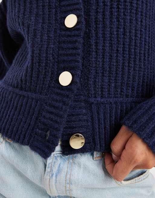 ASOS DESIGN knit fisherman ribbed cardigan with raglan detail in navy