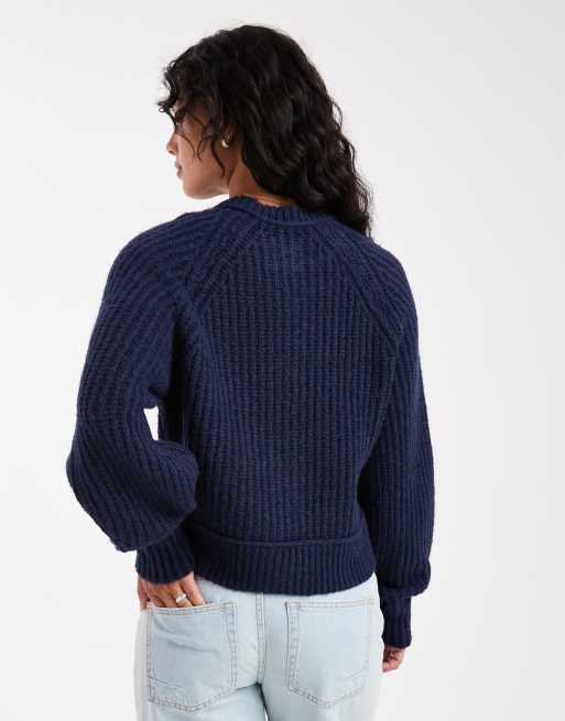 ASOS DESIGN knit fisherman ribbed cardigan with raglan detail in navy