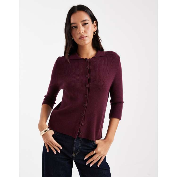 ASOS DESIGN knit fitted collared cardigan in berry red ASOS