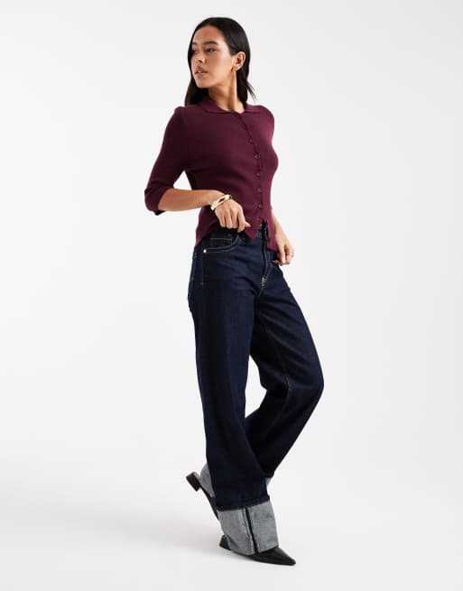 ASOS DESIGN knit fitted collared cardigan in berry red, 2 of 4