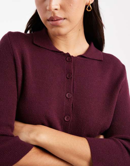 ASOS DESIGN knit fitted collared cardigan in berry red, 3 of 4