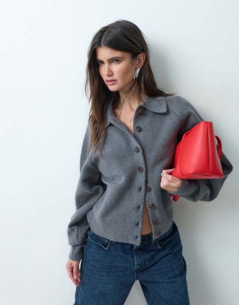 ASOS DESIGN knit fitted shirt in charcoal - view 1