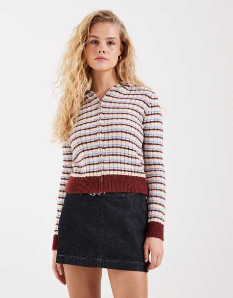 ASOS DESIGN knit fitted zip up sweater in multi stripe - view 1