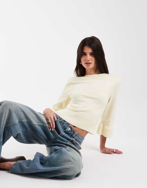 ASOS DESIGN knit flared sleeves and bow back sweater in butter yellow, 2 of 4