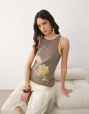 Asos Design Floral Cross-stitch Embroidered Knit Mini Dress In Brown