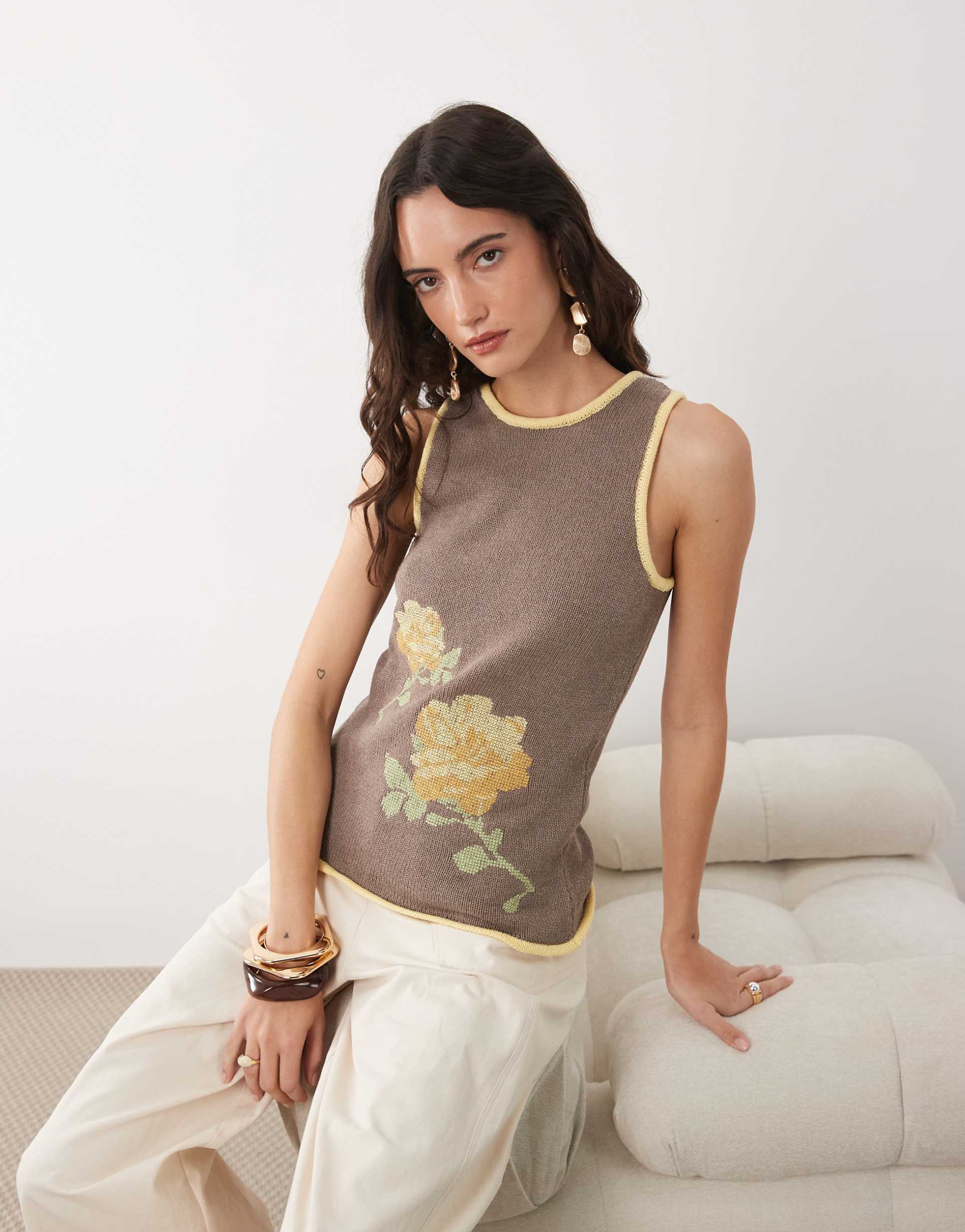 asos design knit floral cross-stitch embroidered tank in brown