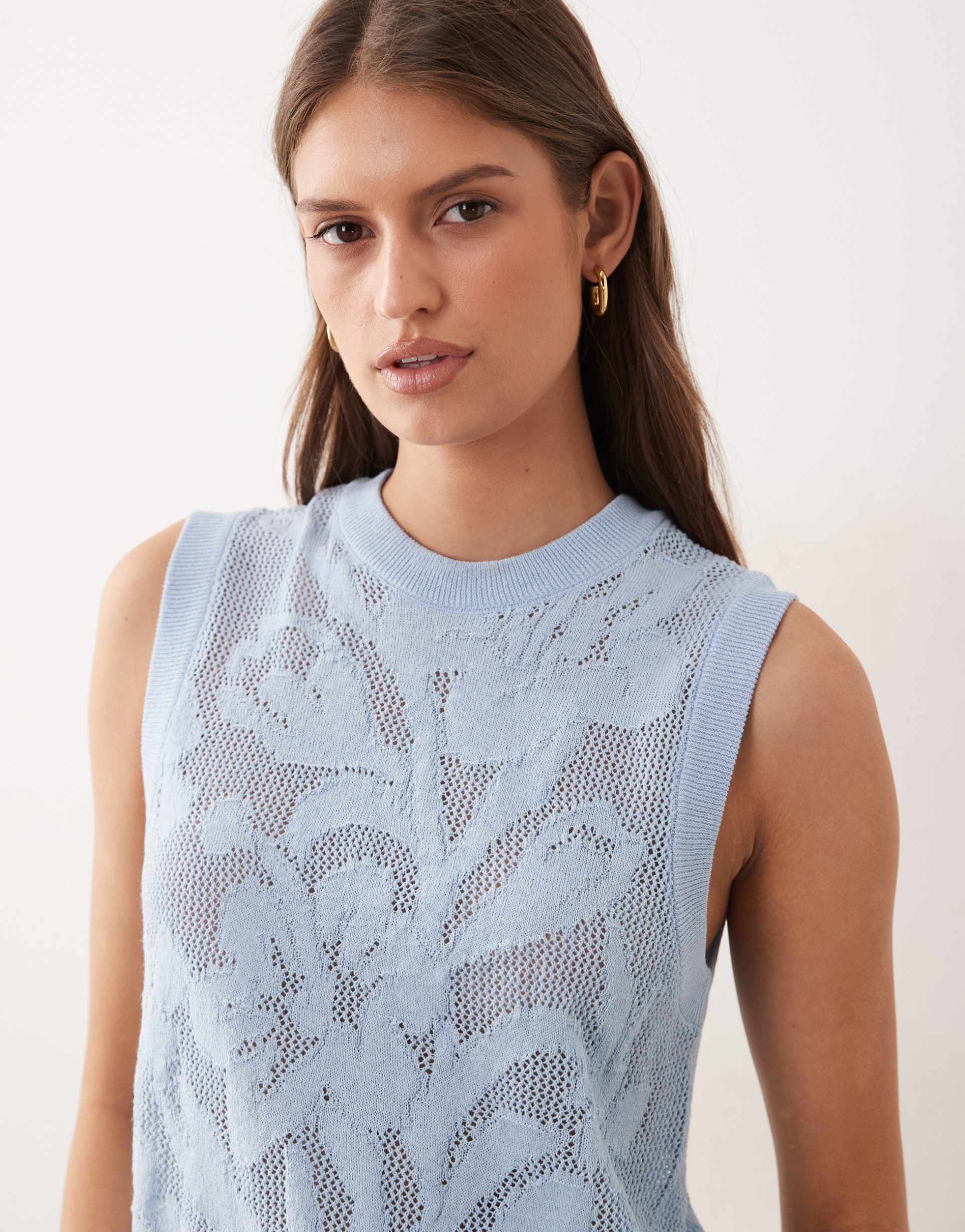 asos design knit floral tank top in blue