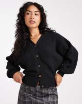 ASOS DESIGN brushed plaid high v-neck sweater in mocha
