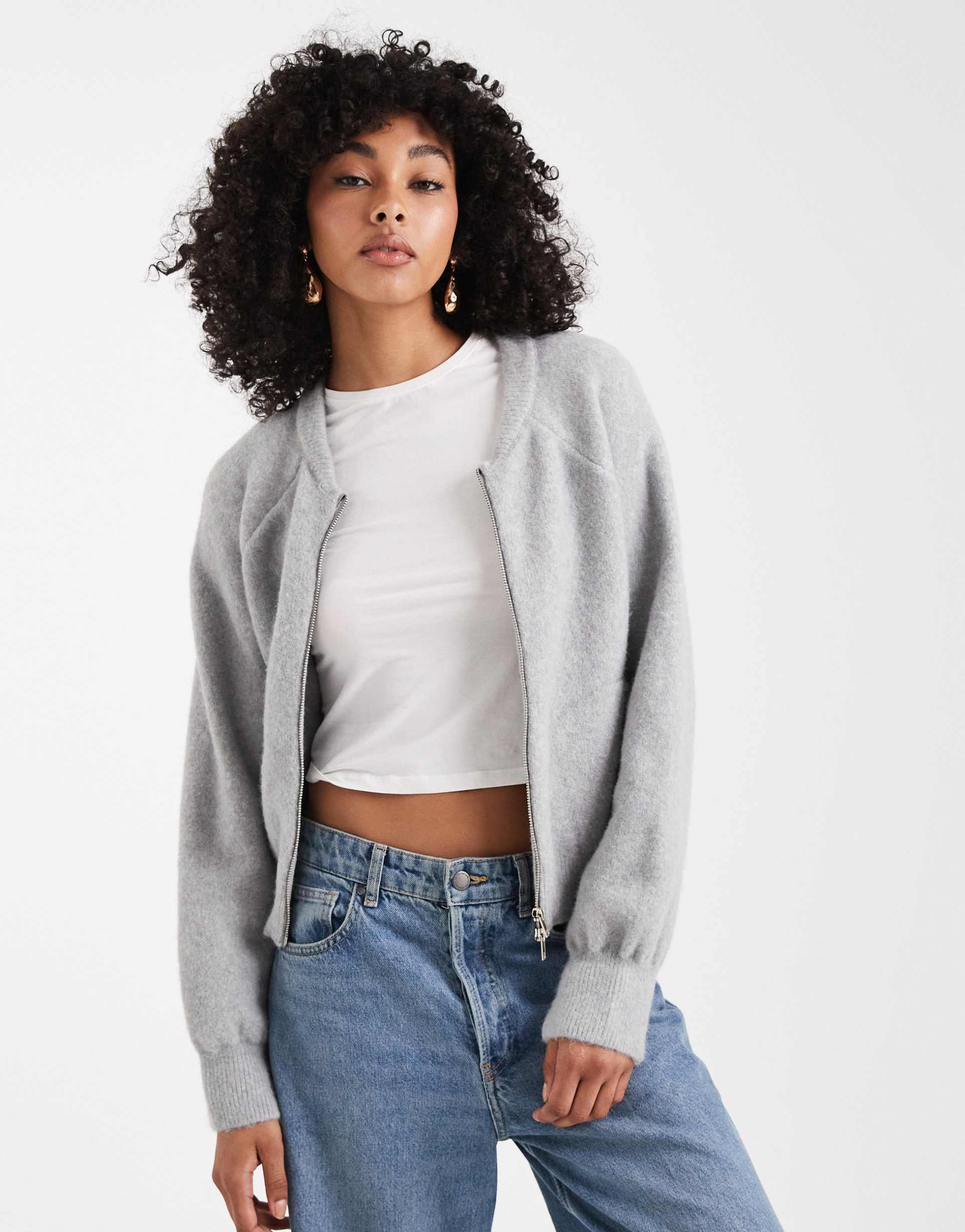 asos design knit fluffy bomber jacket in gray