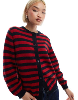 knit fluffy cardigan in blurred navy and red stripe-Multi