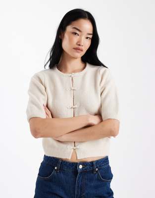 ASOS DESIGN knit fluffy cardigan with mandarin inspired buttons in ecru
