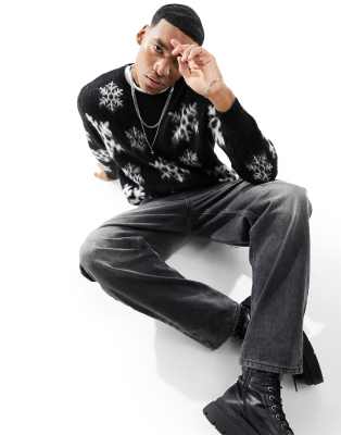 ASOS DESIGN knit fluffy Christmas sweater with snowflake design in black