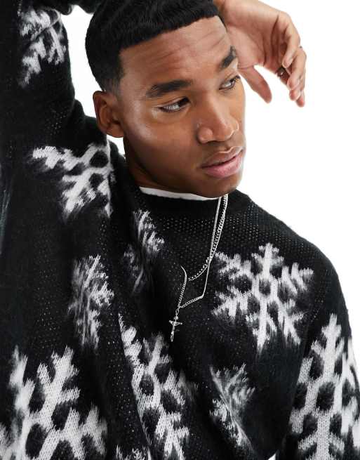 ASOS DESIGN knit fluffy Christmas sweater with snowflake design in black