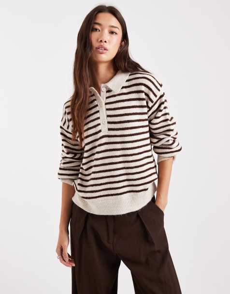 ASOS DESIGN knit fluffy rugby top in brown stripe - view 1