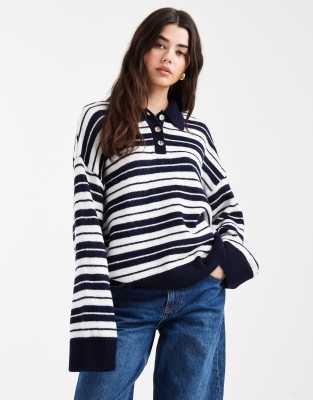 Asos Design Knit Fluffy Rugby Top In Blue