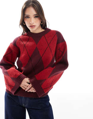 knit fluffy sweater with argyle pattern in red and burgundy-Multi