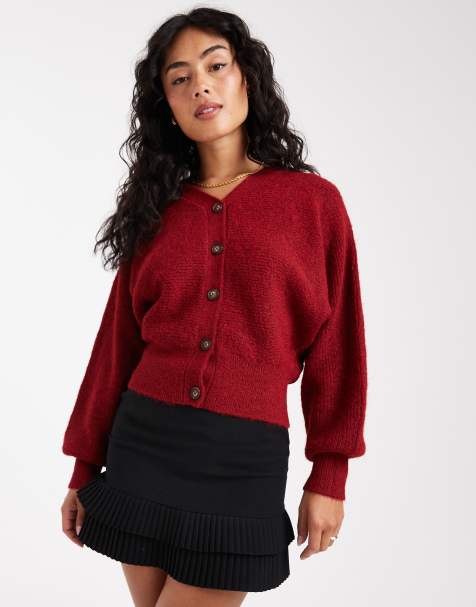 ASOS DESIGN knit fluffy batwing cardigan in burgundy - view 1