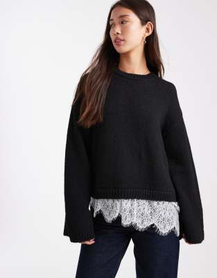 Asos Design Knit Fluffy Wide Sleeve Sweater With Lace Hem In Black