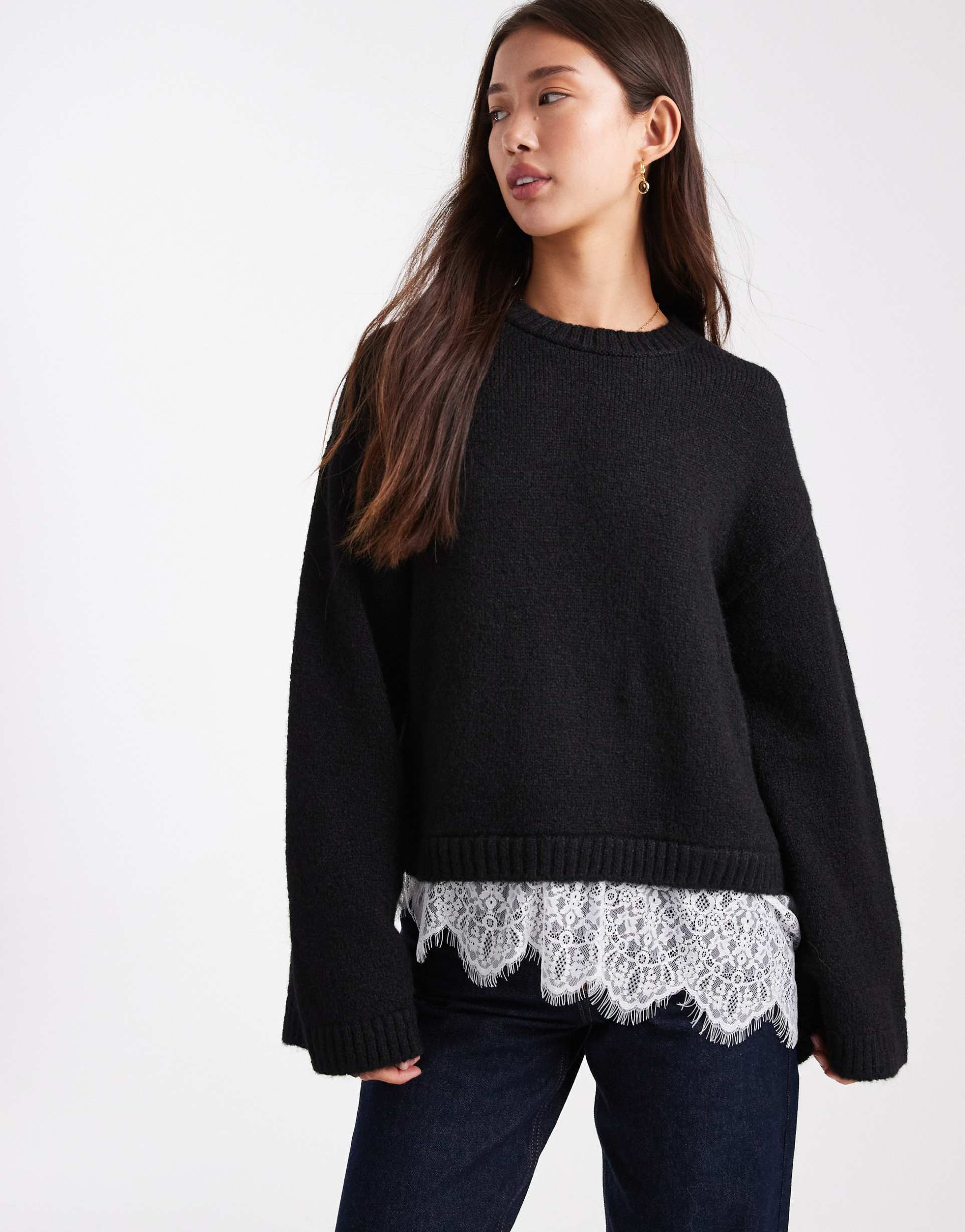 asos design knit fluffy wide sleeve sweater with lace hem in black