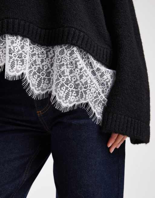 ASOS DESIGN knit fluffy wide sleeve sweater with lace hem in black
