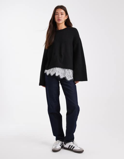 ASOS DESIGN knit fluffy wide sleeve sweater with lace hem in black