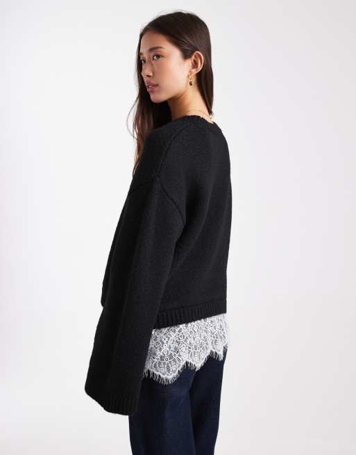 ASOS DESIGN knit fluffy wide sleeve sweater with lace hem in black