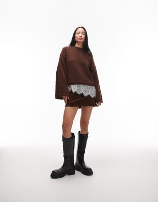 Asos Design Knit Fluffy Wide Sleeve Sweater With Lace Hem In Brown