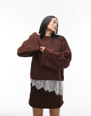 Asos Design Knit Fluffy Wide Sleeve Sweater With Lace Hem In Brown
