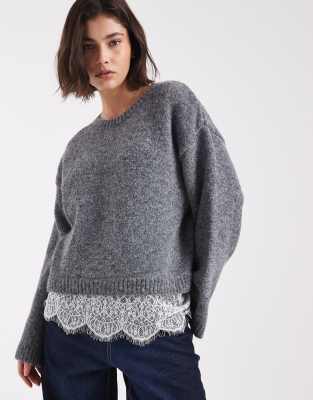 Asos Design Knit Fluffy Wide Sleeve Sweater With Lace Hem In Gray