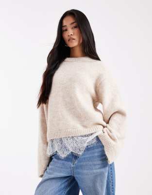 Asos Design Knit Fluffy Wide Sleeve Sweater With Lace Hem In Neutral