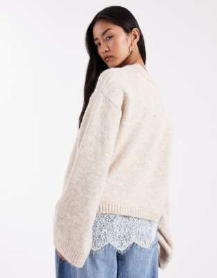 Asos Design Knit Fluffy Wide Sleeve Sweater With Lace Hem In Neutral