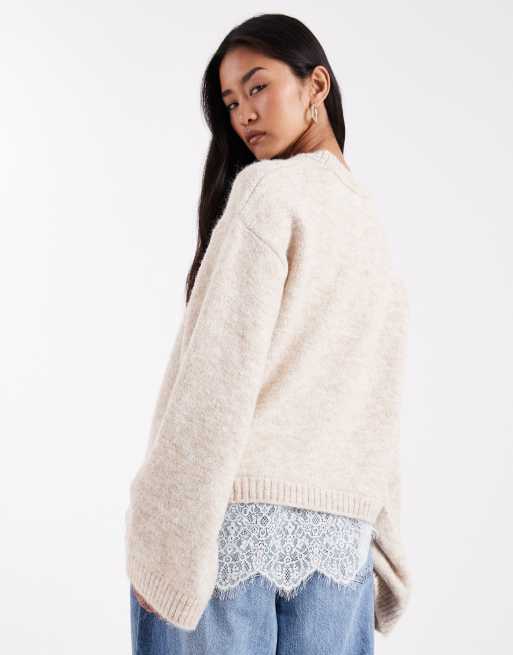 ASOS DESIGN knit fluffy wide sleeve sweater with lace hem in ecru