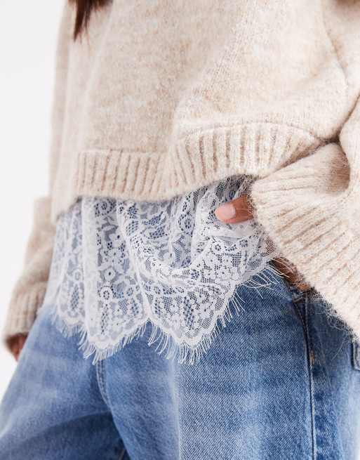 ASOS DESIGN knit fluffy wide sleeve sweater with lace hem in ecru