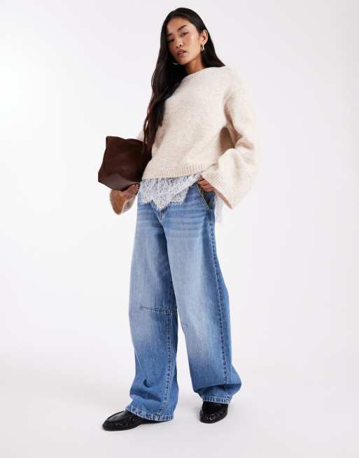 ASOS DESIGN knit fluffy wide sleeve sweater with lace hem in ecru