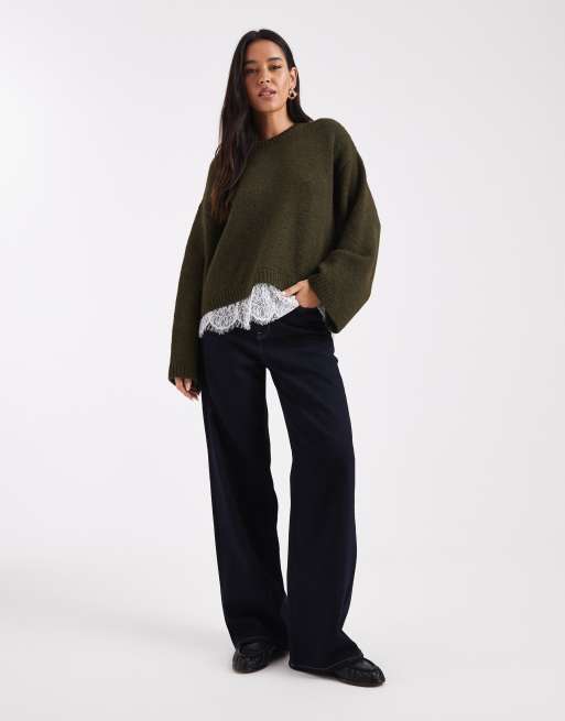 ASOS DESIGN knit fluffy wide sleeve sweater with lace hem in khaki green