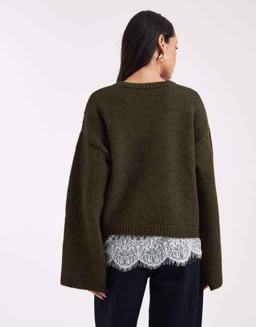 ASOS DESIGN knit fluffy wide sleeve sweater with lace hem in khaki green