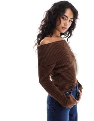 Asos Design Knit Fold Over Off The Shoulder Top In Brown