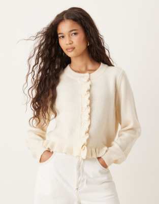 knit frill detail cardigan in cream-White