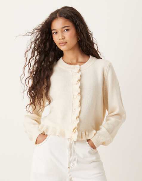 ASOS DESIGN knit frill detail cardigan in cream - view 1