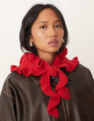Asos Design Knit Frill Edge Triangle Scarf In Red