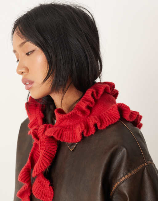 ASOS DESIGN knitted frill edge triangle scarf in red