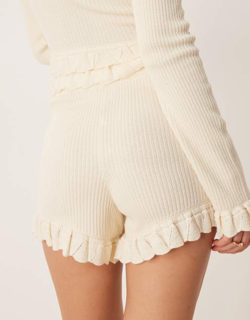 ASOS DESIGN knit frill shorts in buttermilk - part of a set, 4 of 5
